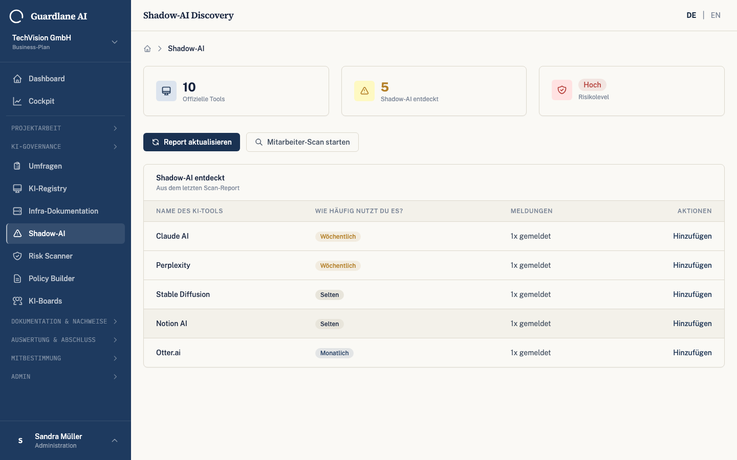 Shadow-AI discovery interface